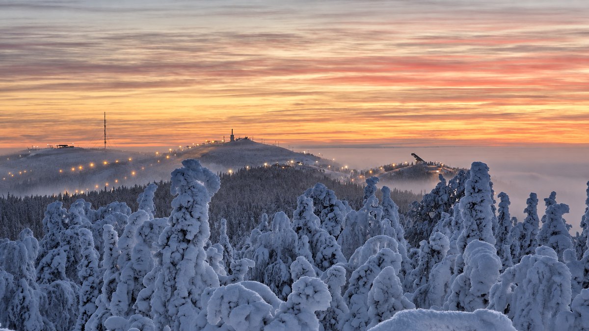 Snow-covered forest and an illuminated ridge beneath a rose and gold sunset sky.