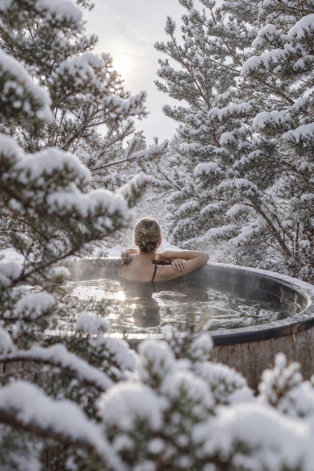 Winter visualization of a wooden hot tub among snow-covered pines, with a guest resting in the warm water.