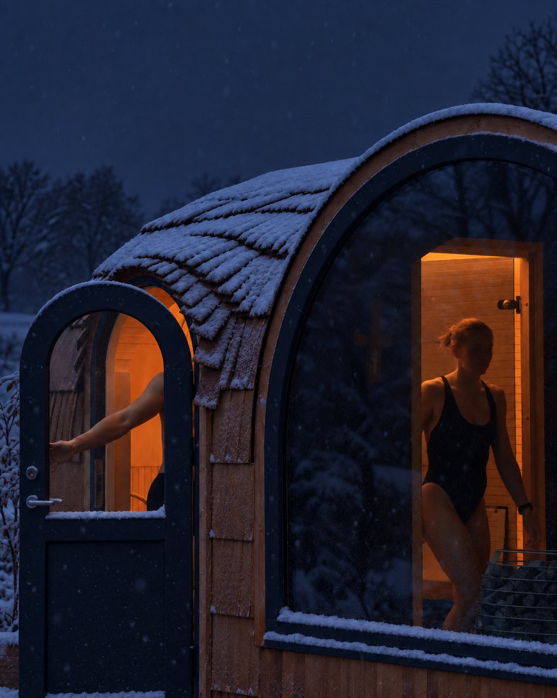 Winter night visualization of an Iglucraft sauna, with warm light behind its panoramic glass wall.