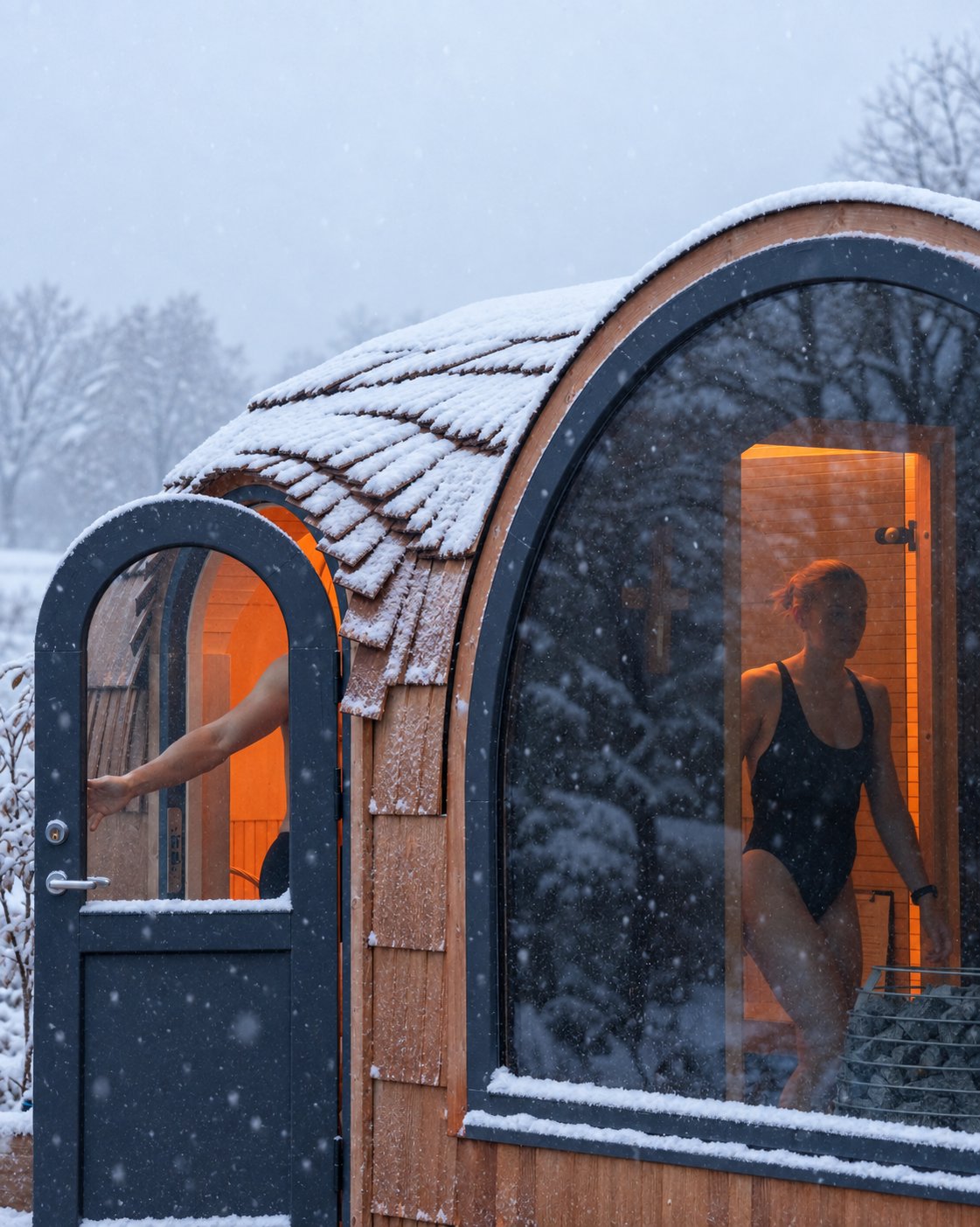 Winter visualization of an Iglucraft sauna with curved timber shingles, a panoramic window and a warm interior.