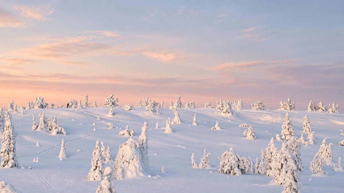 Small snow-covered trees scattered across a gently rolling winter landscape.